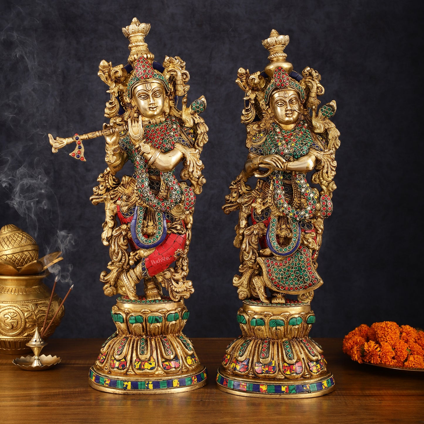 Handcrafted Brass Radha Krishna Statues - 21" Height, 18 KG Pair