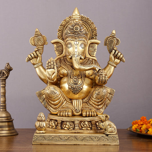 Brass Ganapati Statue with Ashtamangalam Carvings – 16 Inch