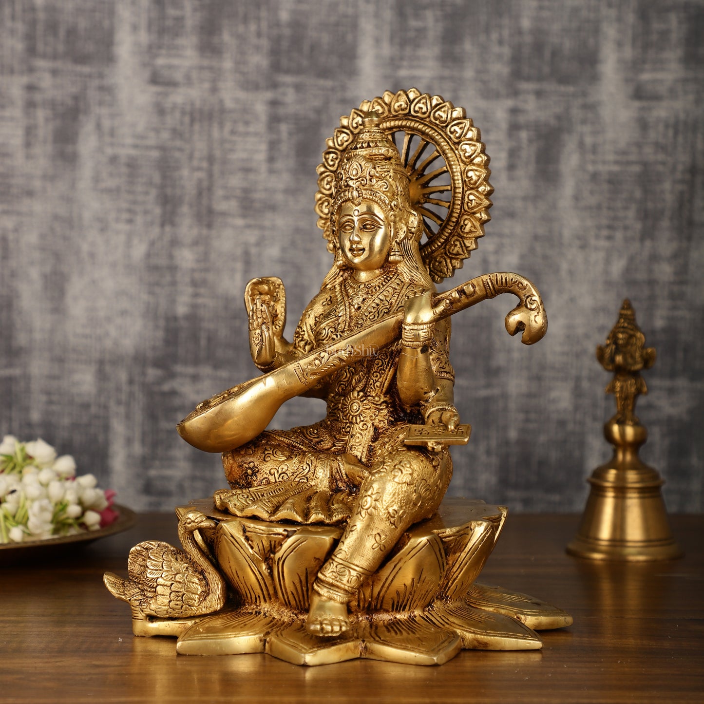 Brass Superfine Goddess Saraswati Sitting on Lotus with Swan | 11 Inch Height | 6.25 KG