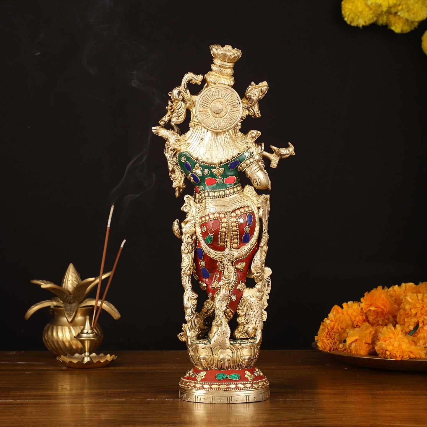 Brass Krishna Statue - 14" Handcrafted with Natural Stones