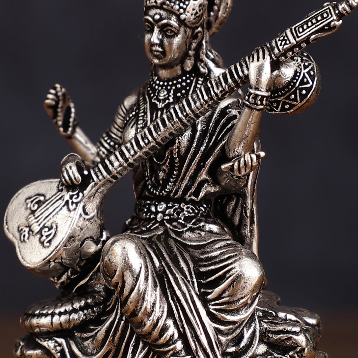 Brass Superfine Silver Plated Saraswati Miniature Idol - 3" Tall