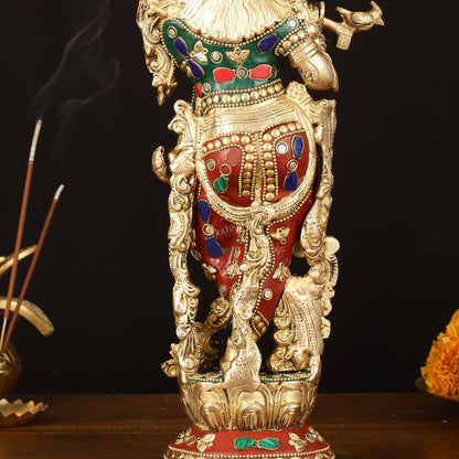 Brass Krishna Statue - 14" Handcrafted with Natural Stones