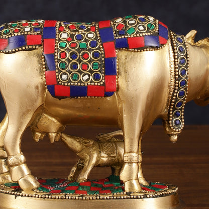 Pure Brass Kamdhenu Cow with Calf Idol - Meenakari Stonework, 4.5 Inch Height,