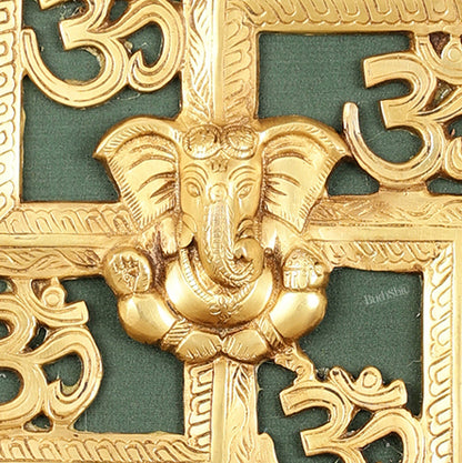 Pure Brass Swastik Ganesha Hanging on Wooden Frame with Premium Fabric - 16" x 16"