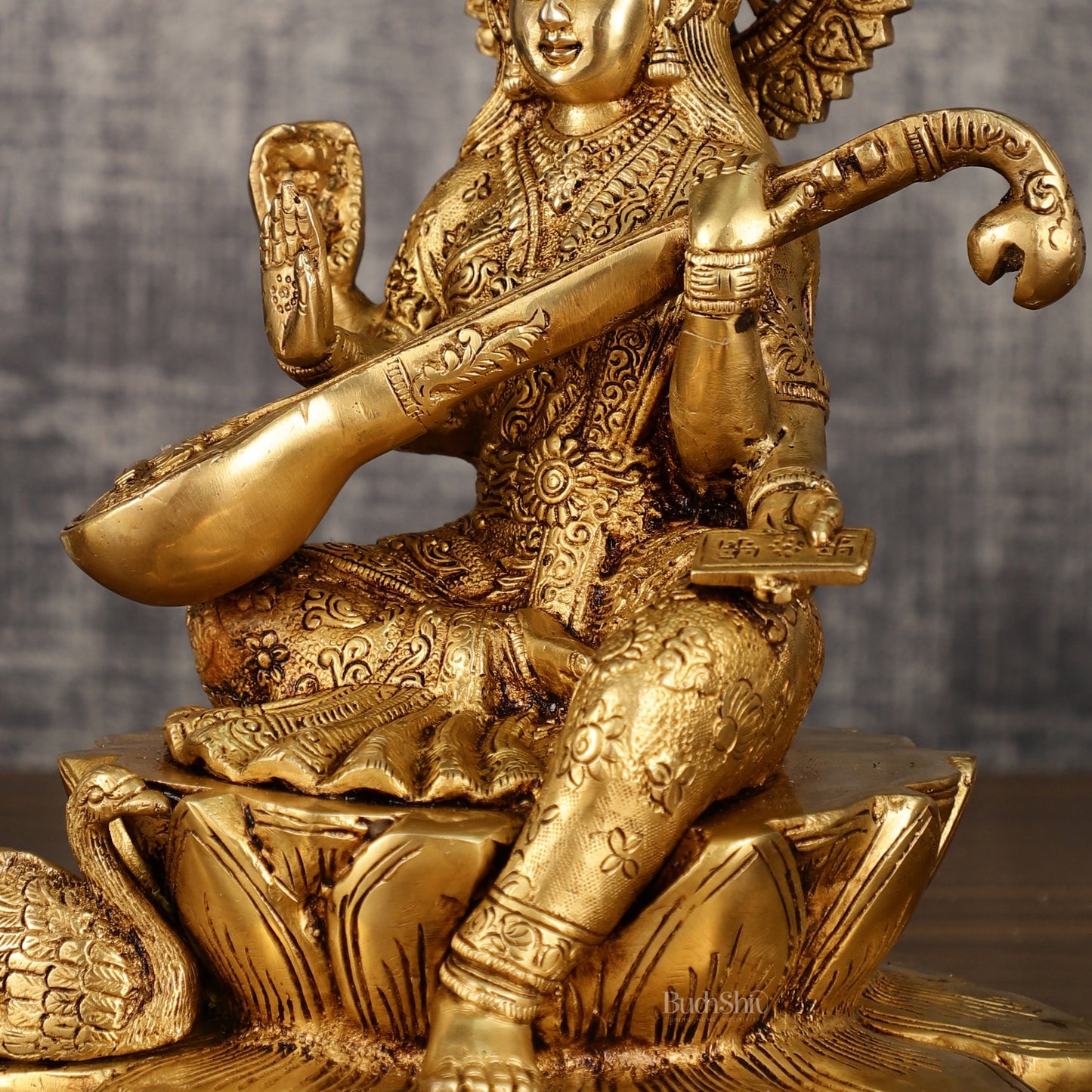 Brass Superfine Goddess Saraswati Sitting on Lotus with Swan | 11 Inch Height | 6.25 KG