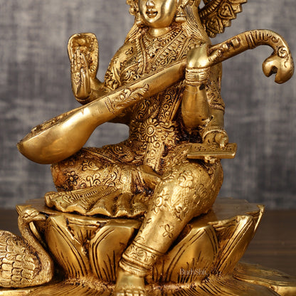 Brass Superfine Goddess Saraswati Sitting on Lotus with Swan | 11 Inch Height | 6.25 KG