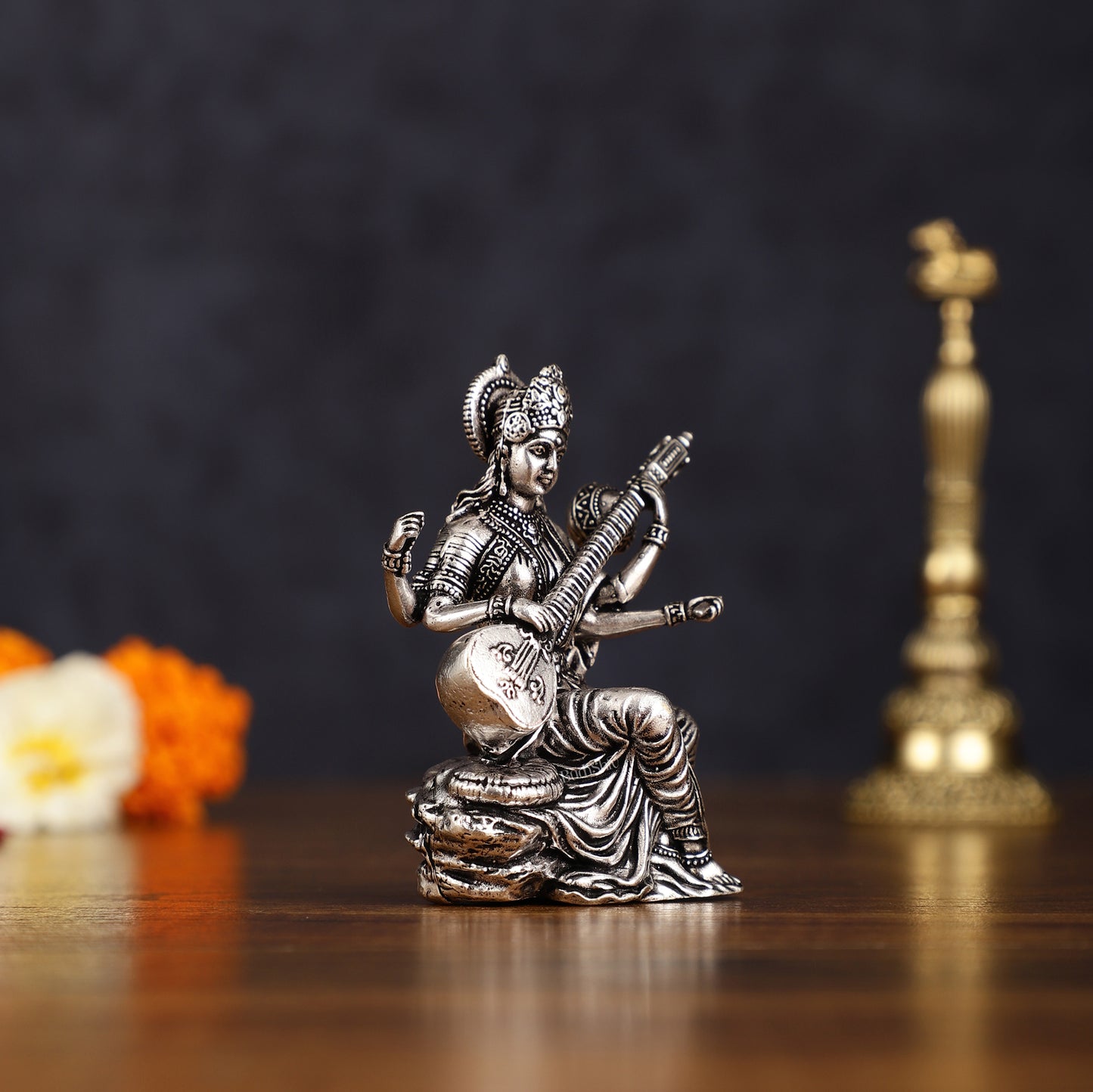 Brass Superfine Silver Plated Saraswati Miniature Idol - 3" Tall