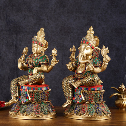 Pure Brass Handcrafted Ganesha and Lakshmi Idols - 15" | Symbol of Purity