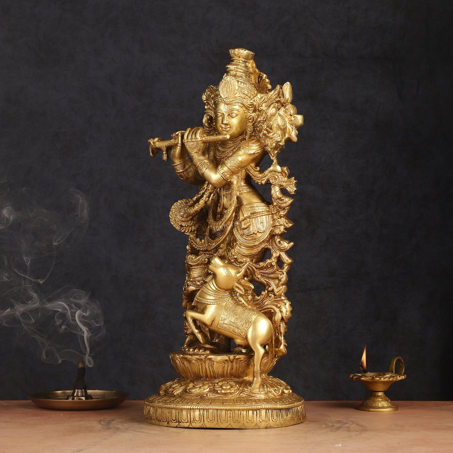 Pure Brass Lord Krishna with Jumping Cow Statue - 18"