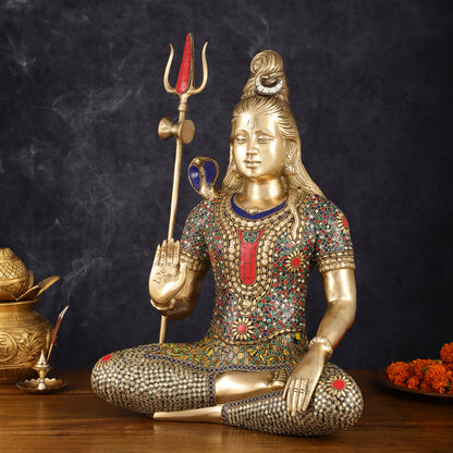 Handcrafted Brass Lord Shiva Statue with Stonework - 20 Inches