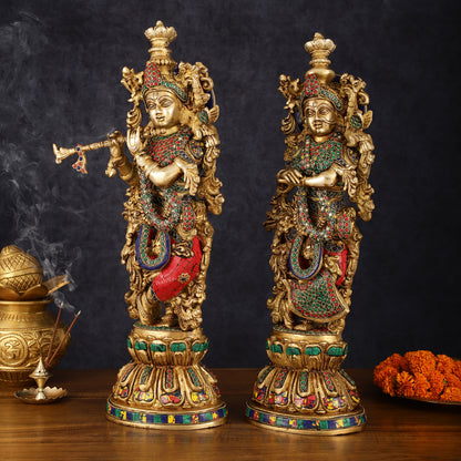 Handcrafted Brass Radha Krishna Statues - 21" Height, 18 KG Pair