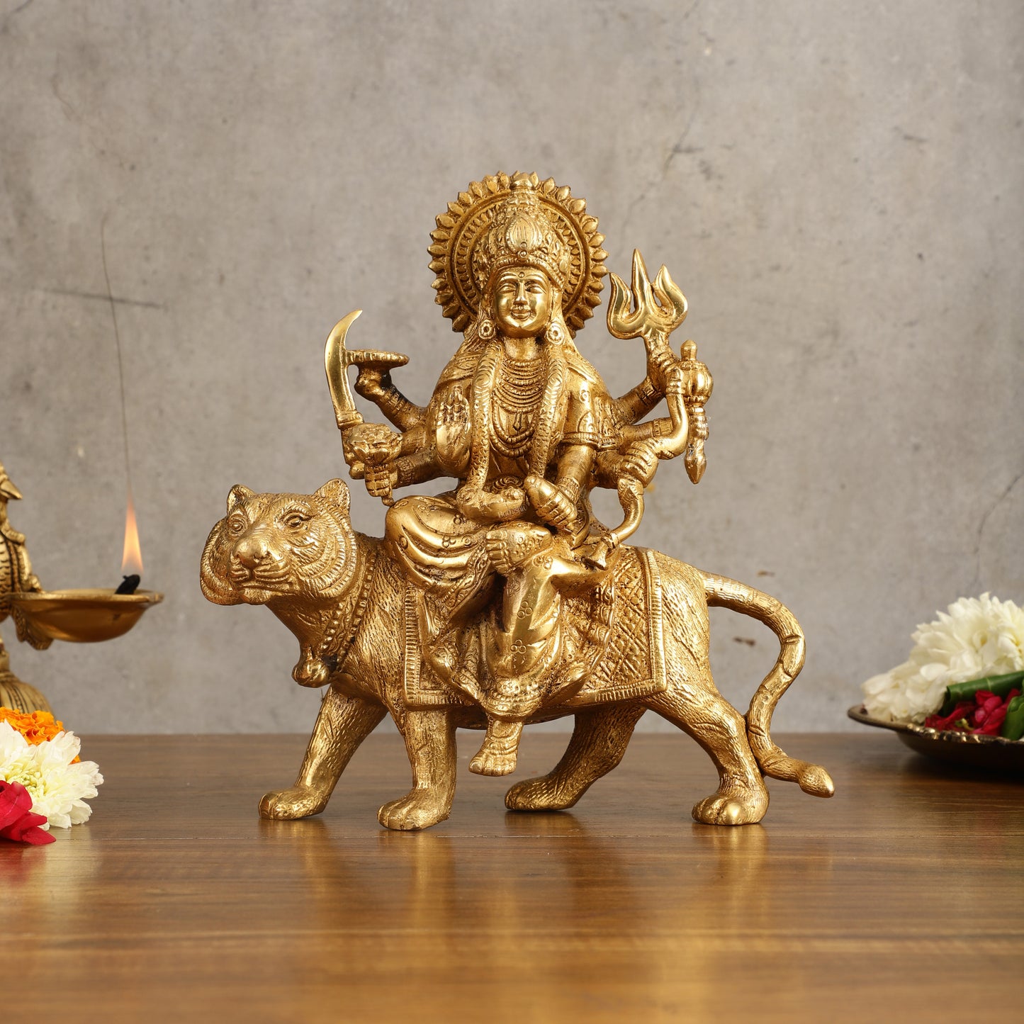 Pure Brass Goddess Durga on tiger Idol - 9" |