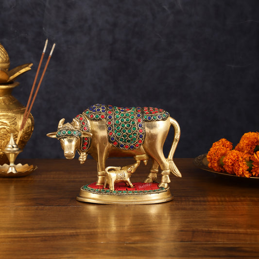 Brass Kamdhenu Cow with Calf Statue - Meenakari Stonework