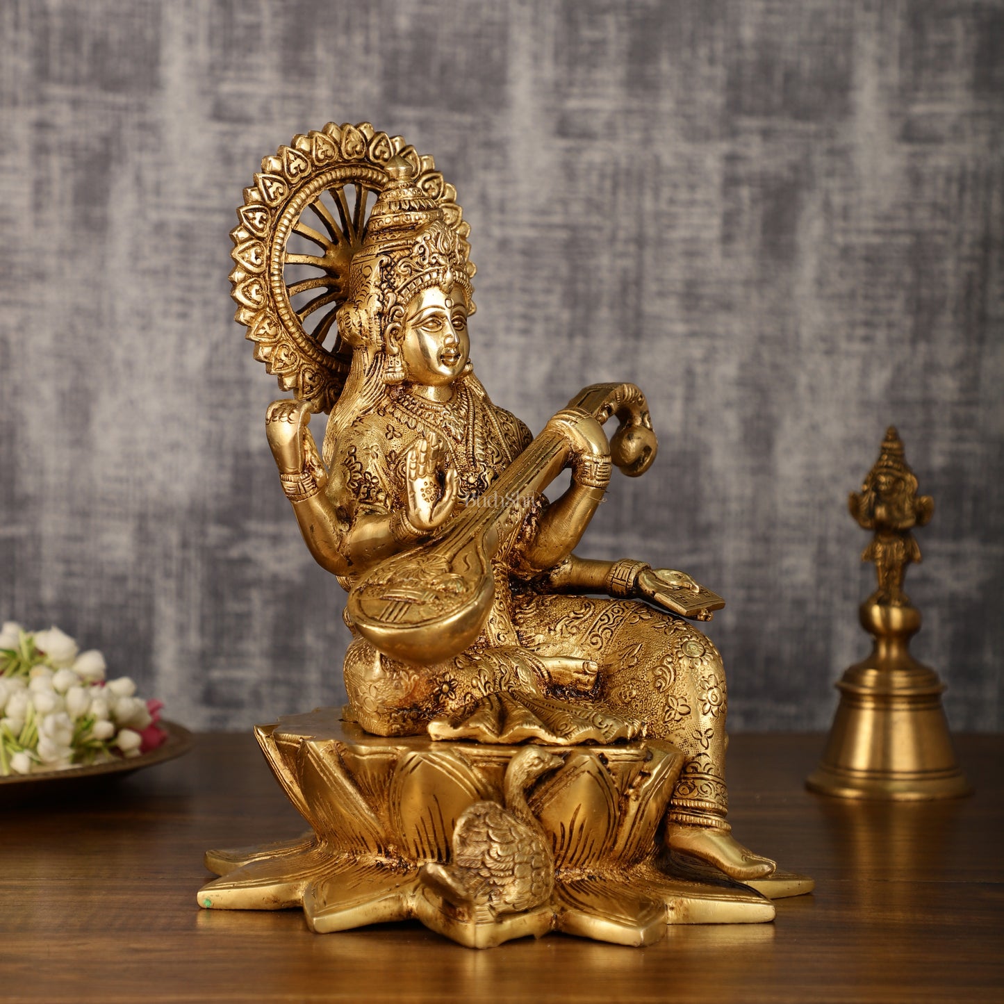 Brass Superfine Goddess Saraswati Sitting on Lotus with Swan | 11 Inch Height | 6.25 KG