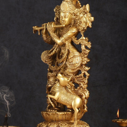 Pure Brass Lord Krishna with Jumping Cow Statue - 18"