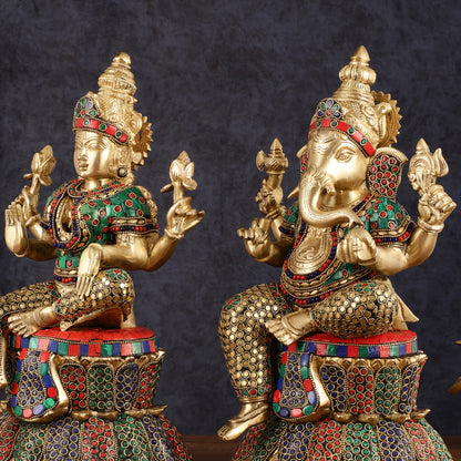 Pure Brass Handcrafted Ganesha and Lakshmi Idols - 15" | Symbol of Purity