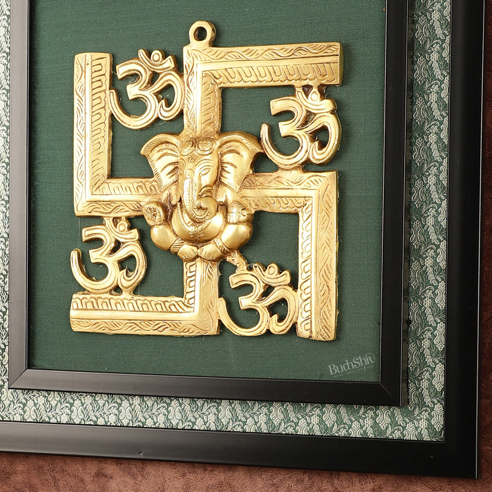 Pure Brass Swastik Ganesha Hanging on Wooden Frame with Premium Fabric - 16" x 16"