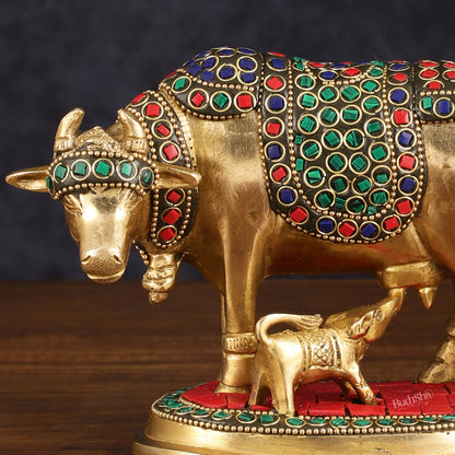 Brass Kamdhenu Cow with Calf Statue - Meenakari Stonework