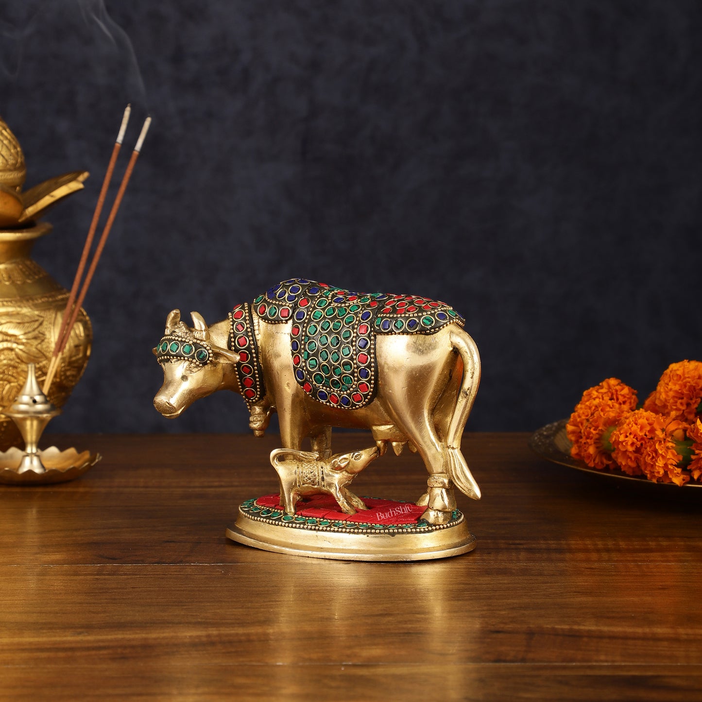 Brass Kamdhenu Cow with Calf Statue - Meenakari Stonework