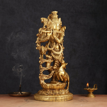 Pure Brass Lord Krishna with Jumping Cow Statue - 18"