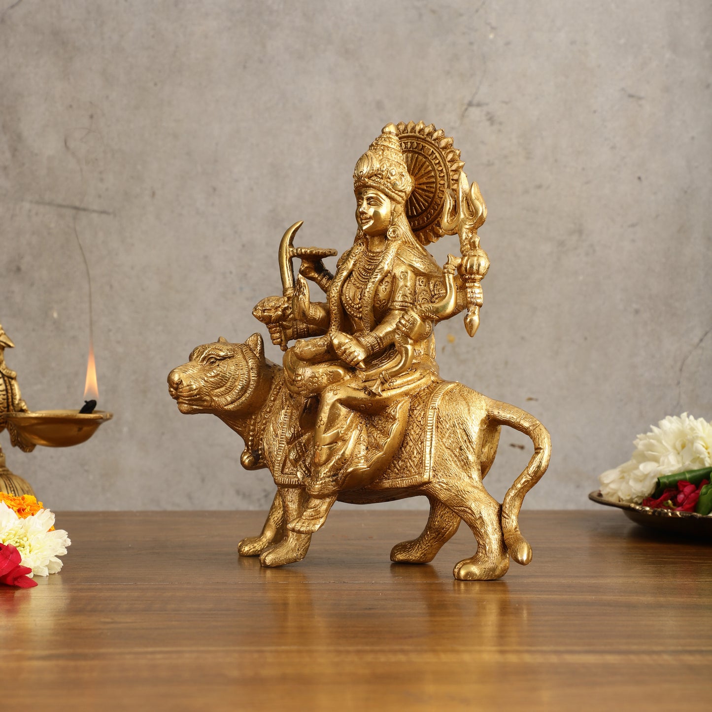 Pure Brass Goddess Durga on tiger Idol - 9" |