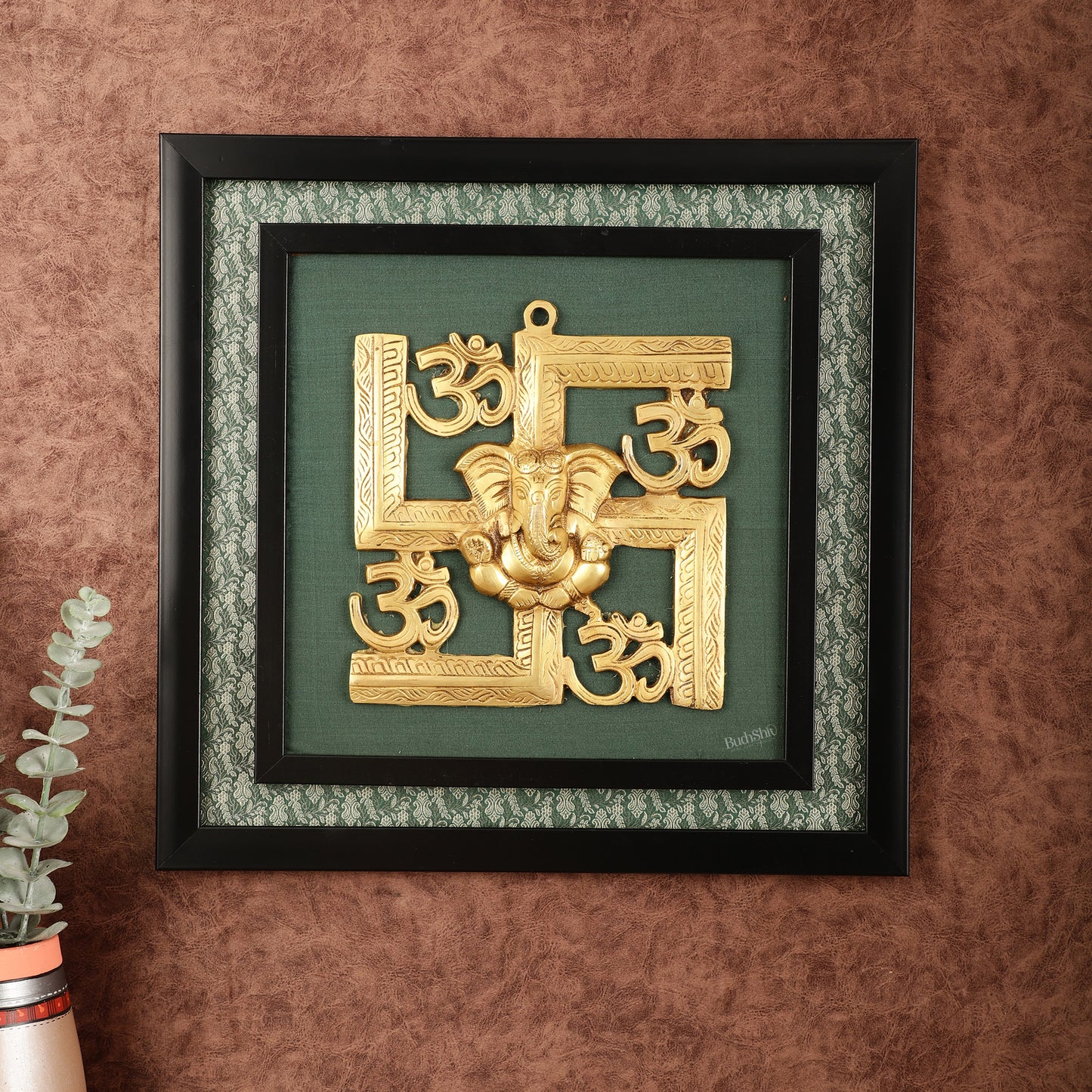 Pure Brass Swastik Ganesha Hanging on Wooden Frame with Premium Fabric - 16" x 16"