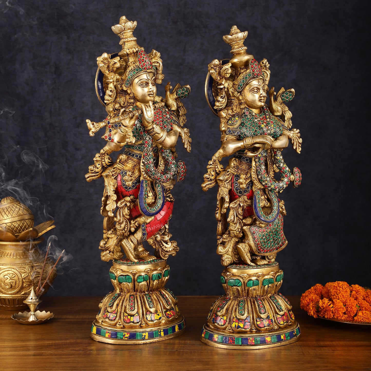 Handcrafted Brass Radha Krishna Statues - 21" Height, 18 KG Pair