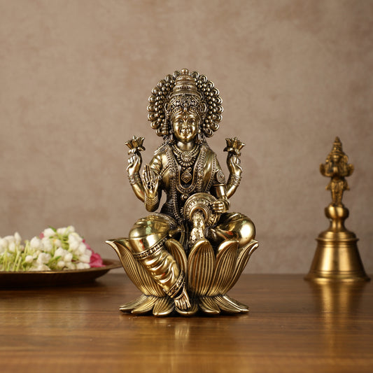 Brass Goddess Dhan Lakshmi on Lotus Idol - 7.5 Inch