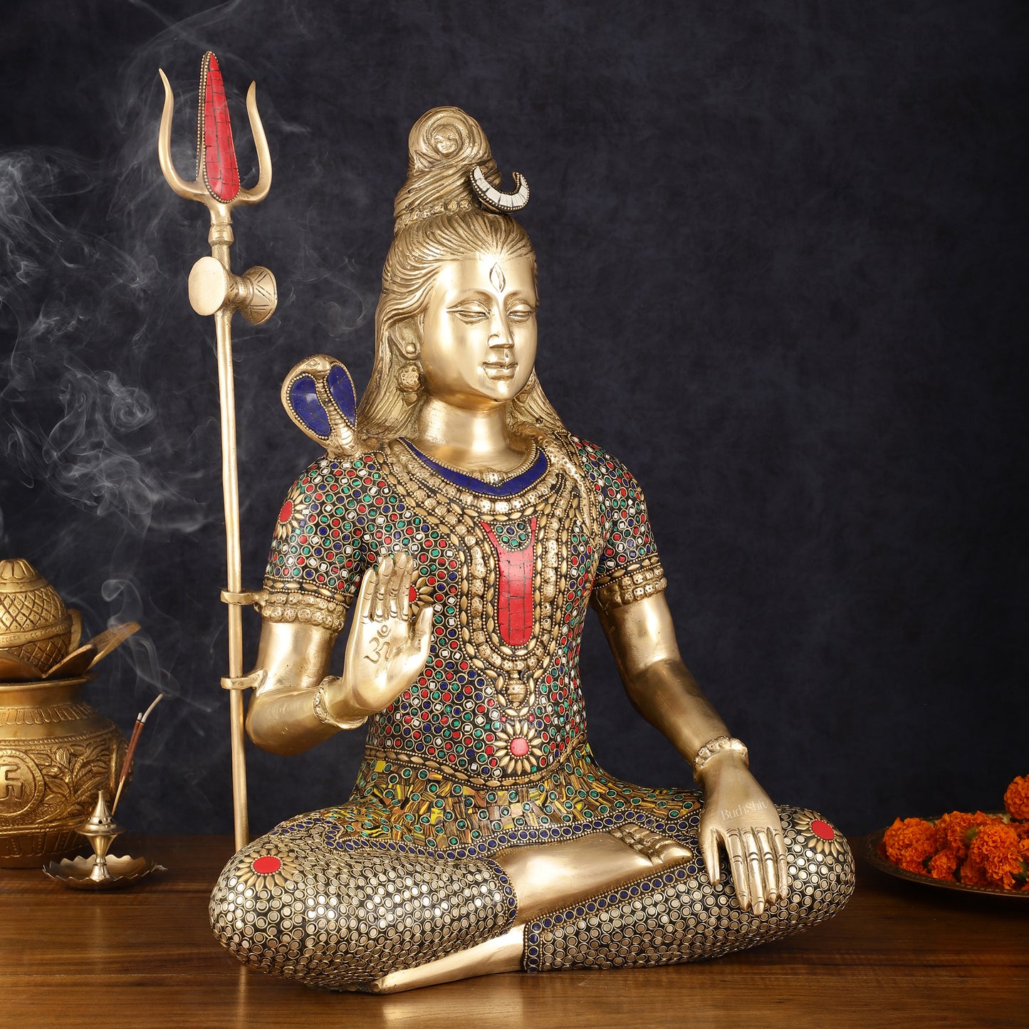 Handcrafted Brass Lord Shiva Statue with Stonework - 20 Inches