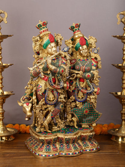 29" Superfine Large Brass Radha Krishna with cow Idol 29"