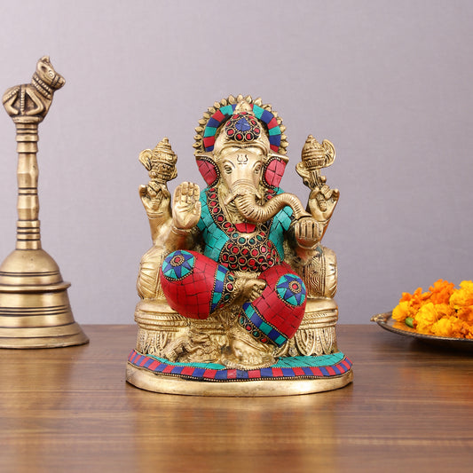 Pure Brass Lord Ganesha Statue with Meenakari – 8 Inch Divine Idol