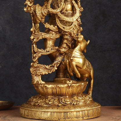 Pure Brass Lord Krishna with Jumping Cow Statue - 18"