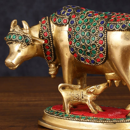 Brass Kamdhenu Cow with Calf Statue - Meenakari Stonework