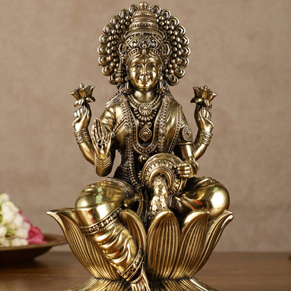 Brass Goddess Dhan Lakshmi on Lotus Idol - 7.5 Inch