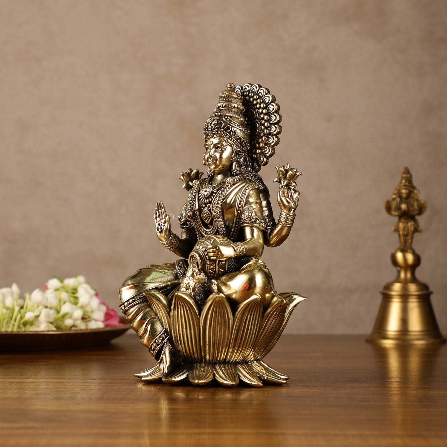 Brass Goddess Dhan Lakshmi on Lotus Idol - 7.5 Inch