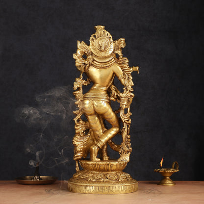 Pure Brass Lord Krishna with Jumping Cow Statue - 18"