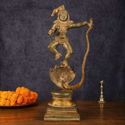 Pure Brass Vintage Kalinga Narthana Krishna Idol - 18 Inch