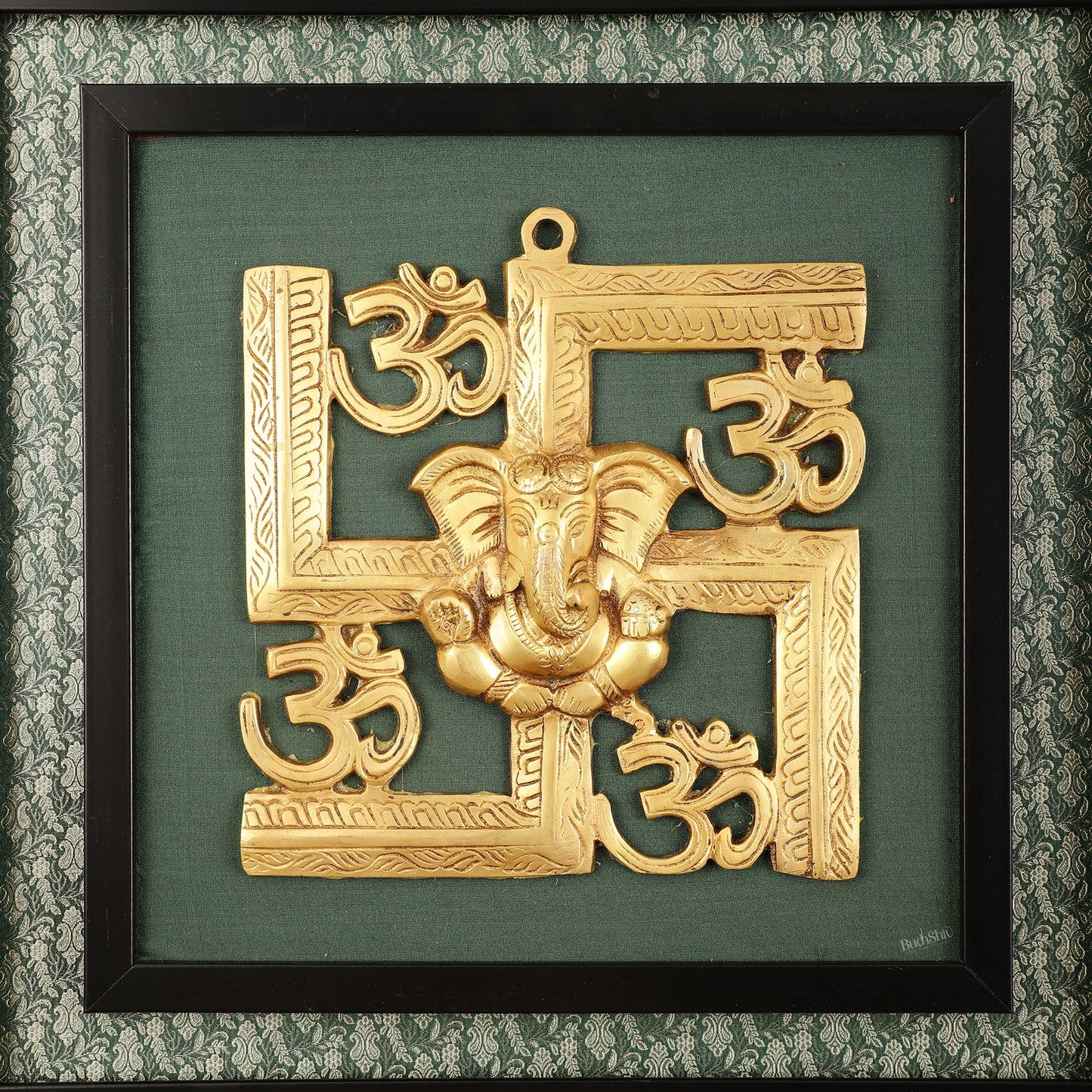 Pure Brass Swastik Ganesha Hanging on Wooden Frame with Premium Fabric - 16" x 16"