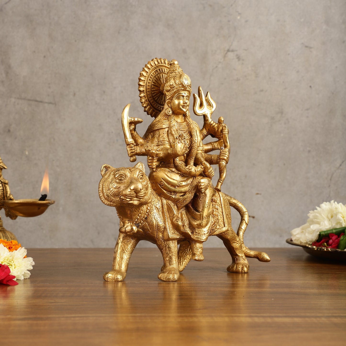 Pure Brass Goddess Durga on tiger Idol - 9" |