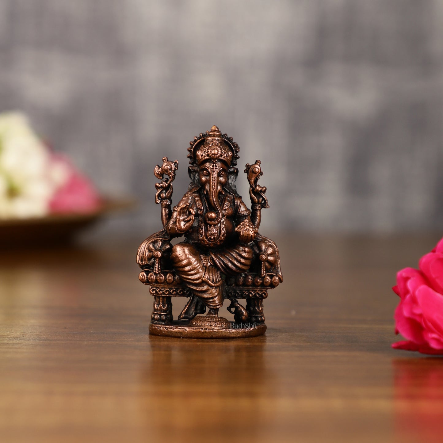 Pure Copper Throne Ganesha Idol | 2 Inch Height