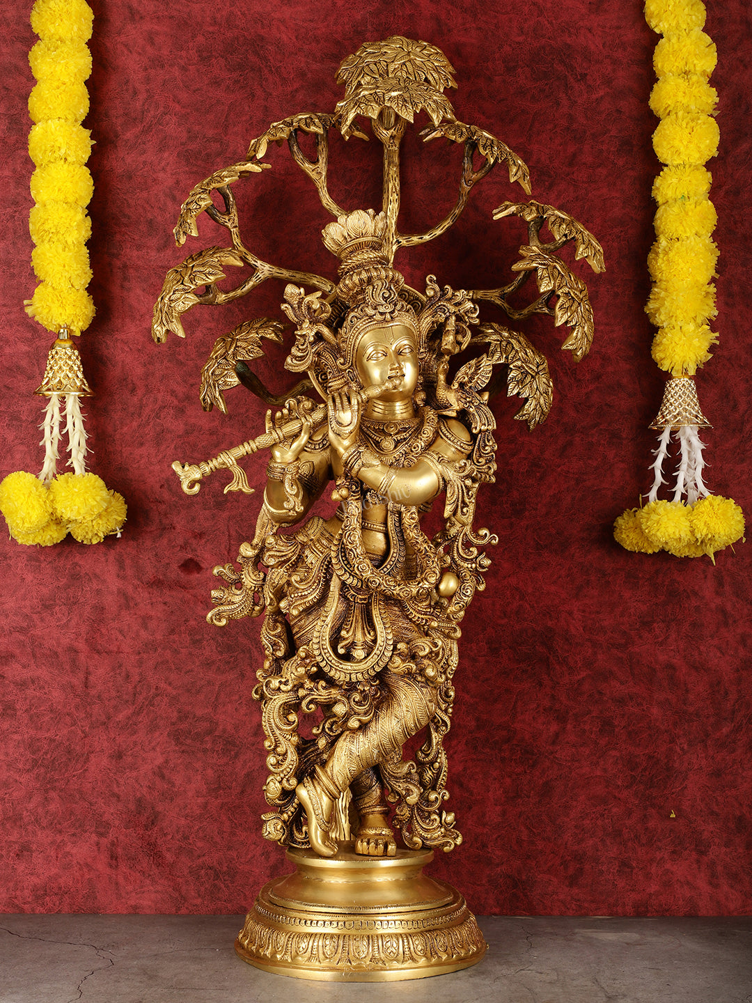Brass Superfine Krishna under Kadam vriksha statue 35"