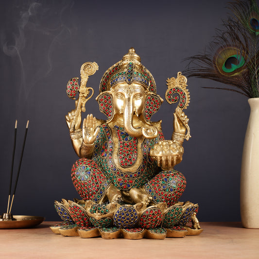 Pure Brass Ganesha Seated on Lotus Idol 11 inch
