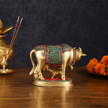 Brass Kamdhenu Cow with Calf Statue - Meenakari Stonework