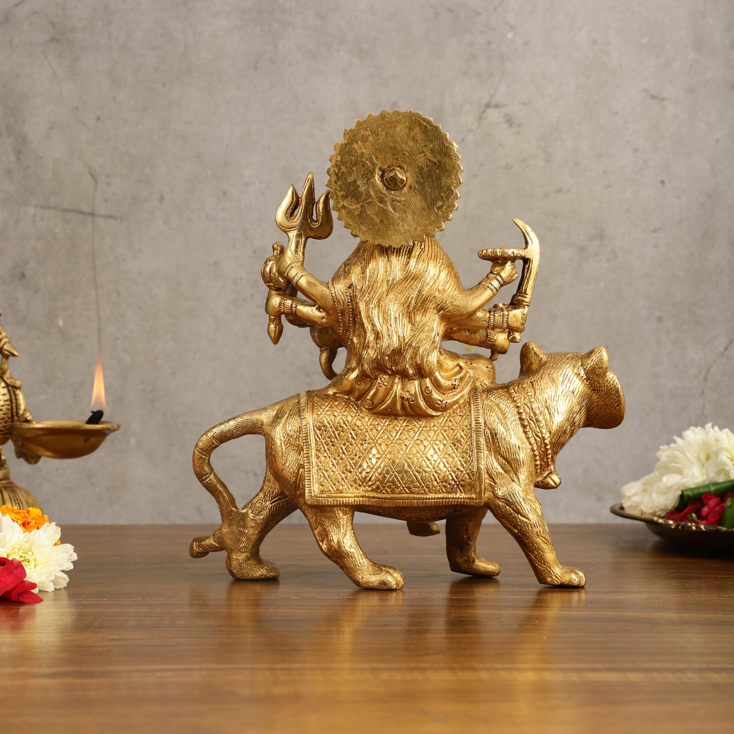 Pure Brass Goddess Durga on tiger Idol - 9" |