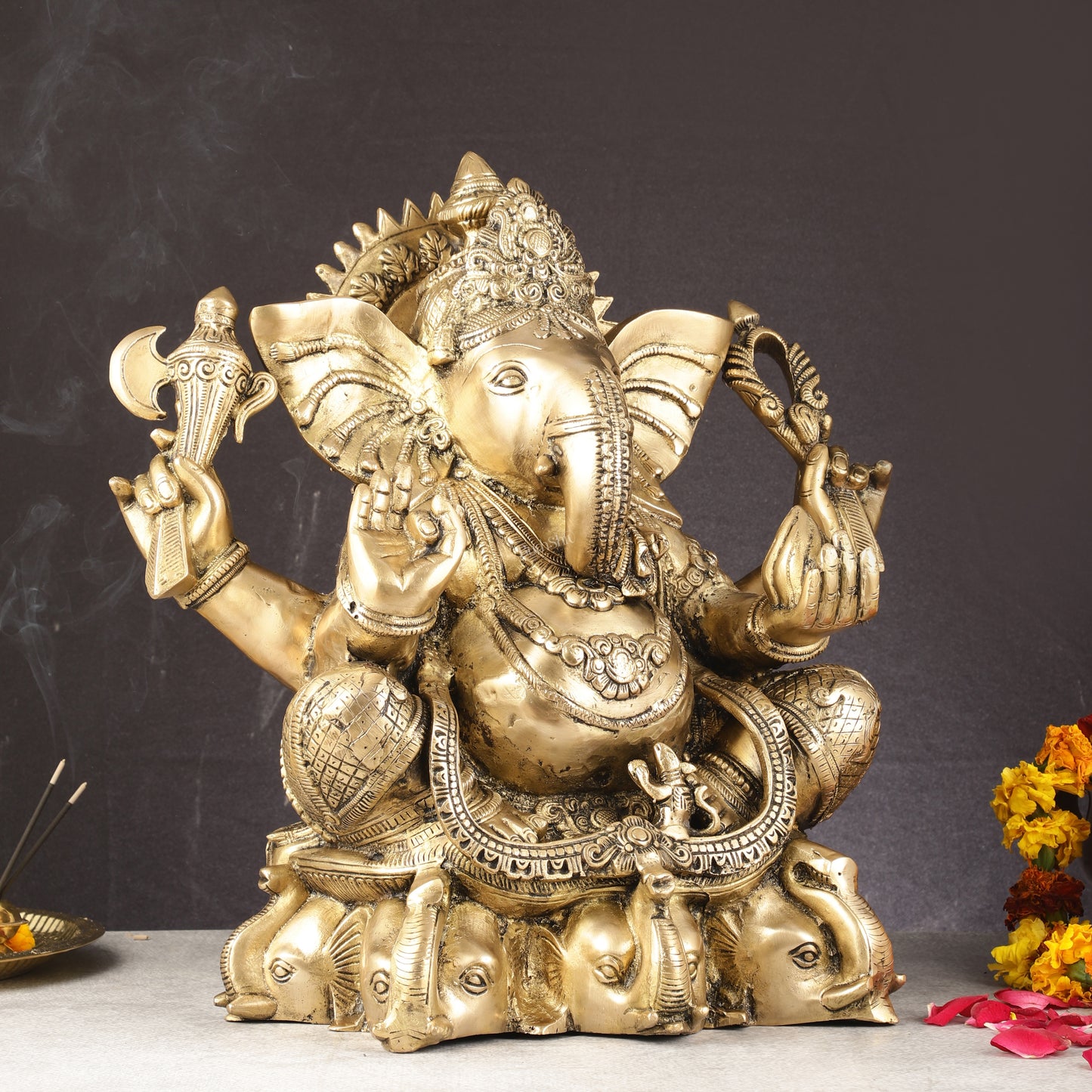 Pure Brass Lord Ganesha Statue Seated on Elephant Aasan - 18"