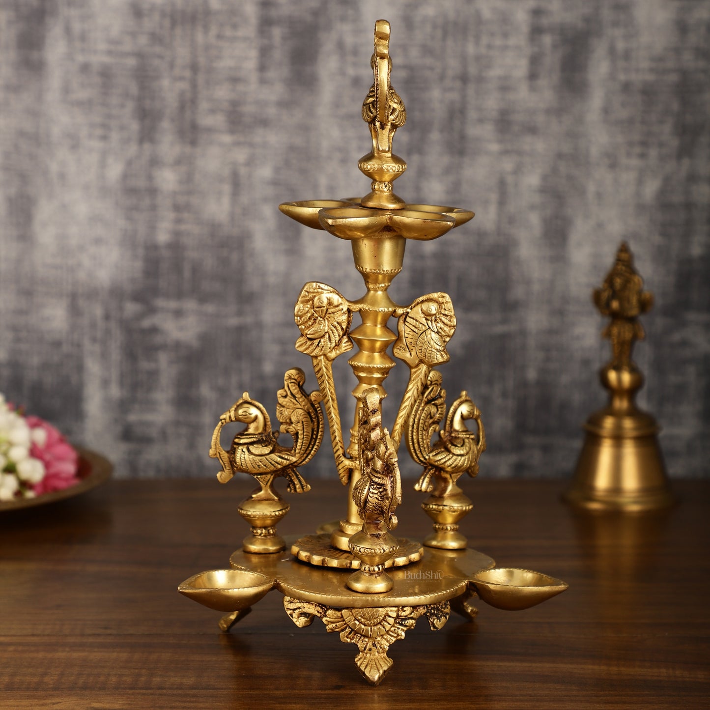 Brass Handcrafted Peacock Diya with Eight Diyas | 12 Inch Height