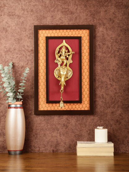 Brass Dancing Ganesha Wall Hanging on Wooden Frame with Premium Fabric - 20" x 13.5"