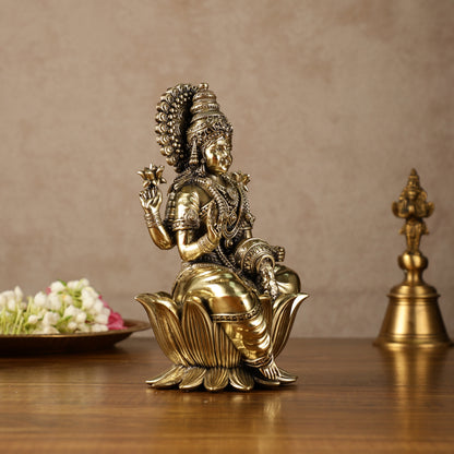 Brass Goddess Dhan Lakshmi on Lotus Idol - 7.5 Inch