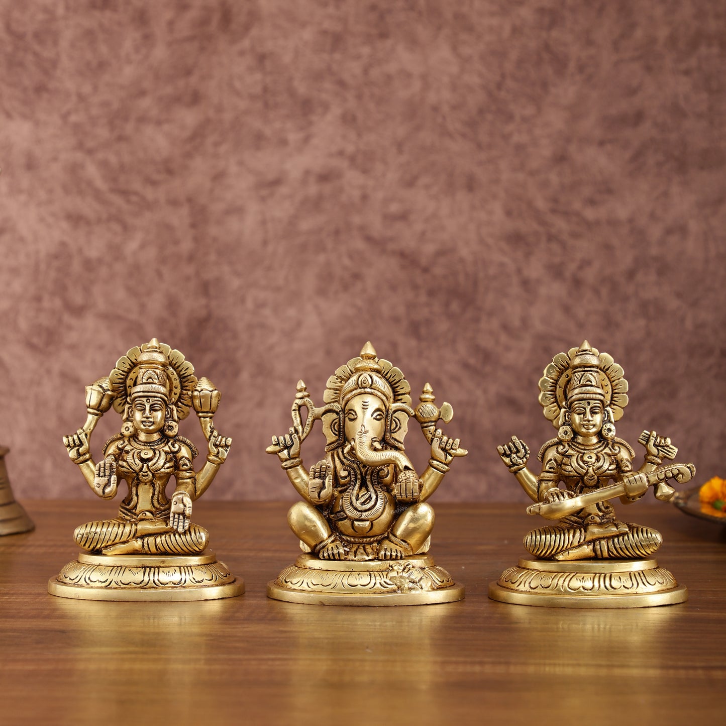 Brass Superfine Ganesh Lakshmi Saraswati Idols Set | 5-inch