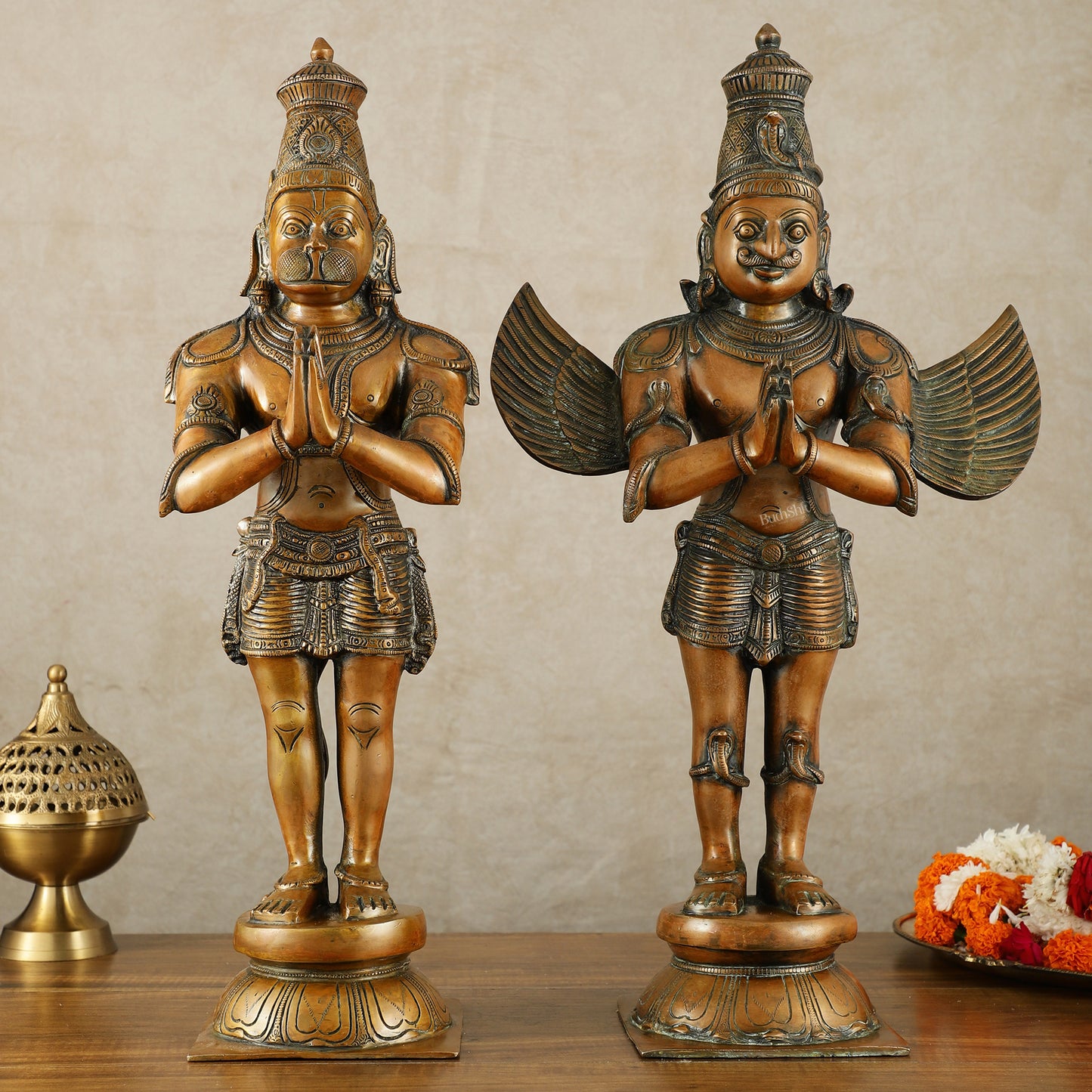 Pure Brass Lord Hanuman and Garuda Statue pair 22" vintage bronze tone